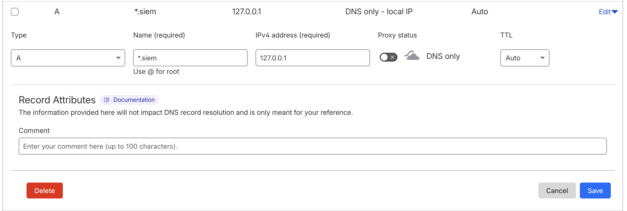 Example Cloudflare record